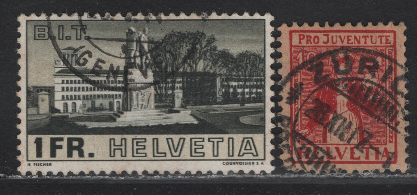 Lot 22 Switzerland SC#241, B9 1fr - 10c Black & Buff - Red on Buff Assembly Hall - Semi Postal, 1917-1938 Opening of Assembly Hall of the Palace of League of Nations - Semi Postal Issues, 2 Very Fine Used Singles