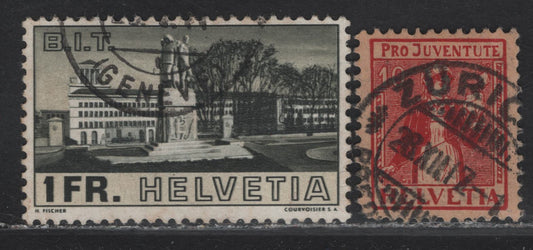 Lot 22 Switzerland SC#241, B9 1fr - 10c Black & Buff - Red on Buff Assembly Hall - Semi Postal, 1917-1938 Opening of Assembly Hall of the Palace of League of Nations - Semi Postal Issues, 2 Very Fine Used Singles