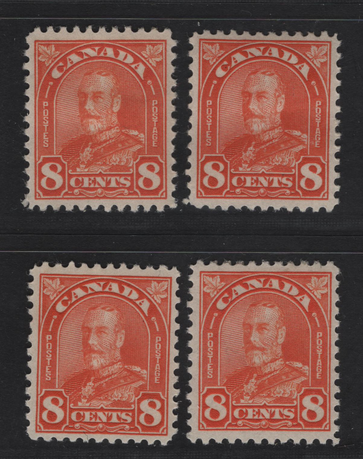 Lot 221 Canada #172 8c Deep Red Orange - Bright Orange King George V, 1930-1931 Arch/Leaf Issue, 4 VFOG Singles, Paper BABN-D, Perfs 10.8 & 10.8x10.9, Design Size 18.25x22mm.