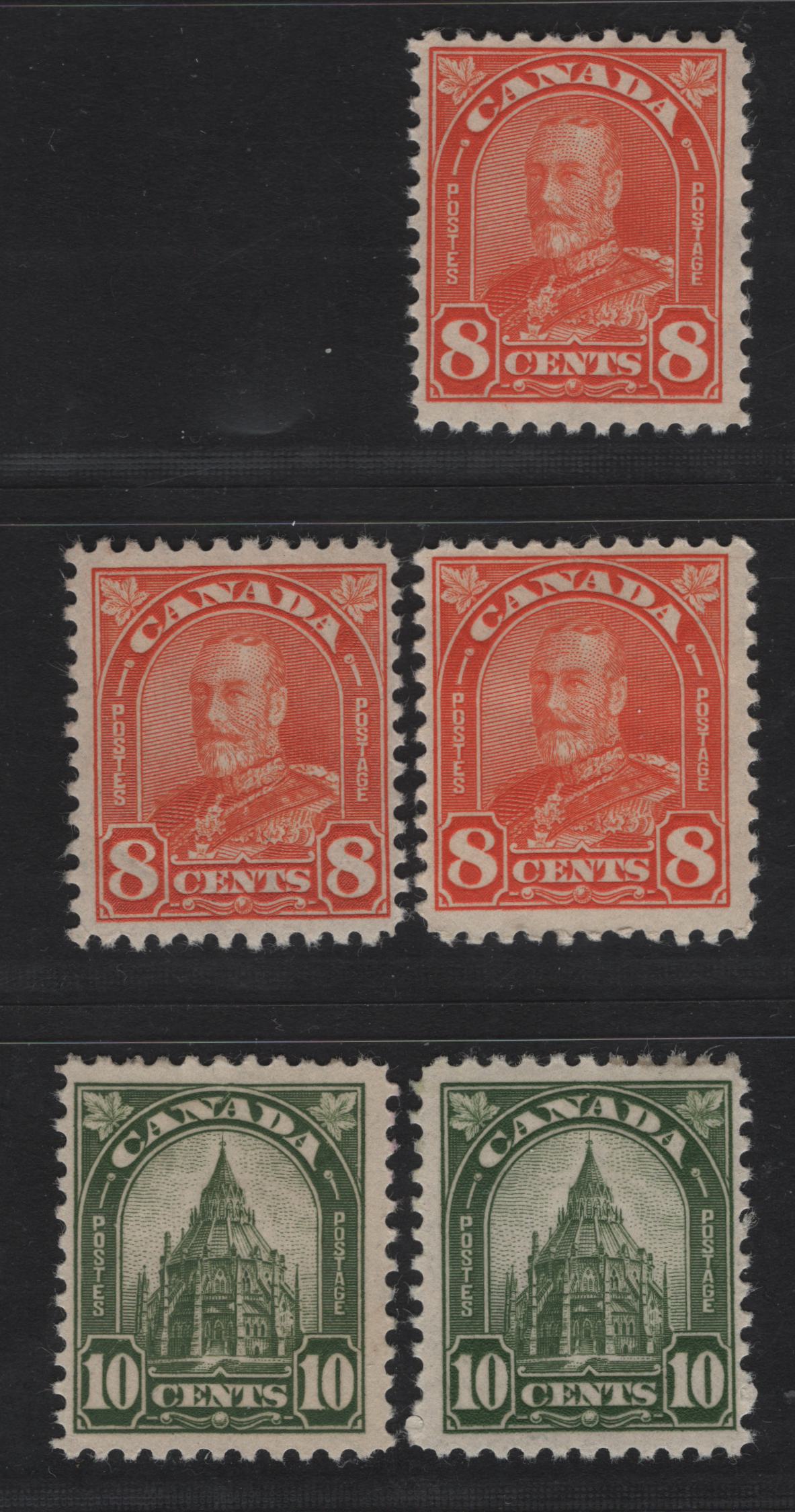 Lot 223 Canada (C) #172-173 8c - 10c Red Orange - Bronze Green King George V, 1930-1931 Arch/Leaf Issue, 5 FOG Singles, Paper BABN-B, Perfs 10.8x10.75, 10.8x10.9, 10.8 & 10.9, Design Sizes 18.25x22mm & 18x21.75mm.