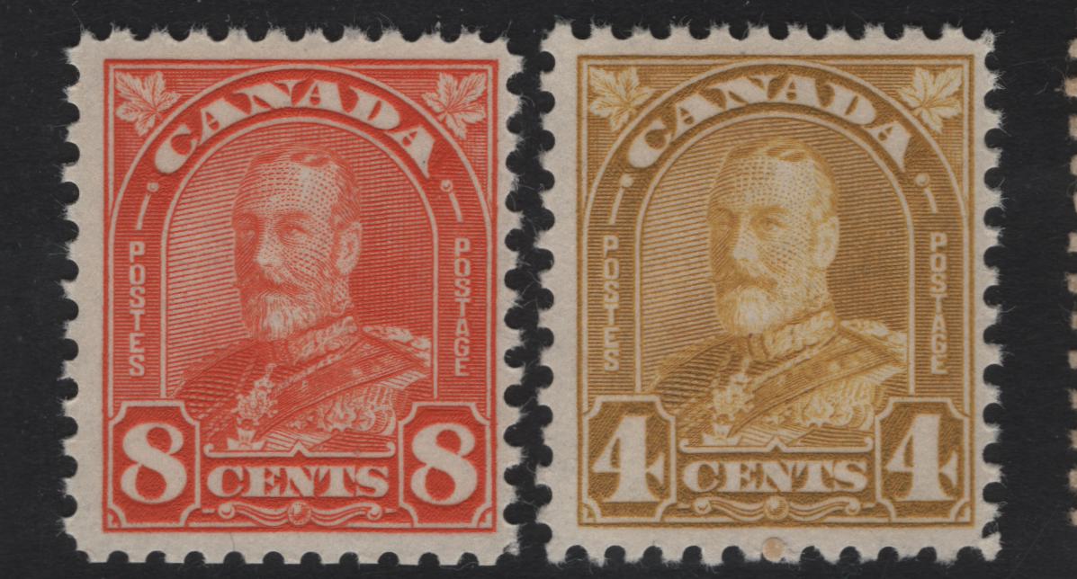 Lot 224 Canada (C) #168, 172 4c - 8c Yellow Bistre - Red Orange King George V, 1930-1931 Arch/Leaf Issue, 2 FNH Singles, Papers BABN-B & BABN-D, Perfs 10.75 & 11.9x11.8, Design Size 18.5x21.9mm.