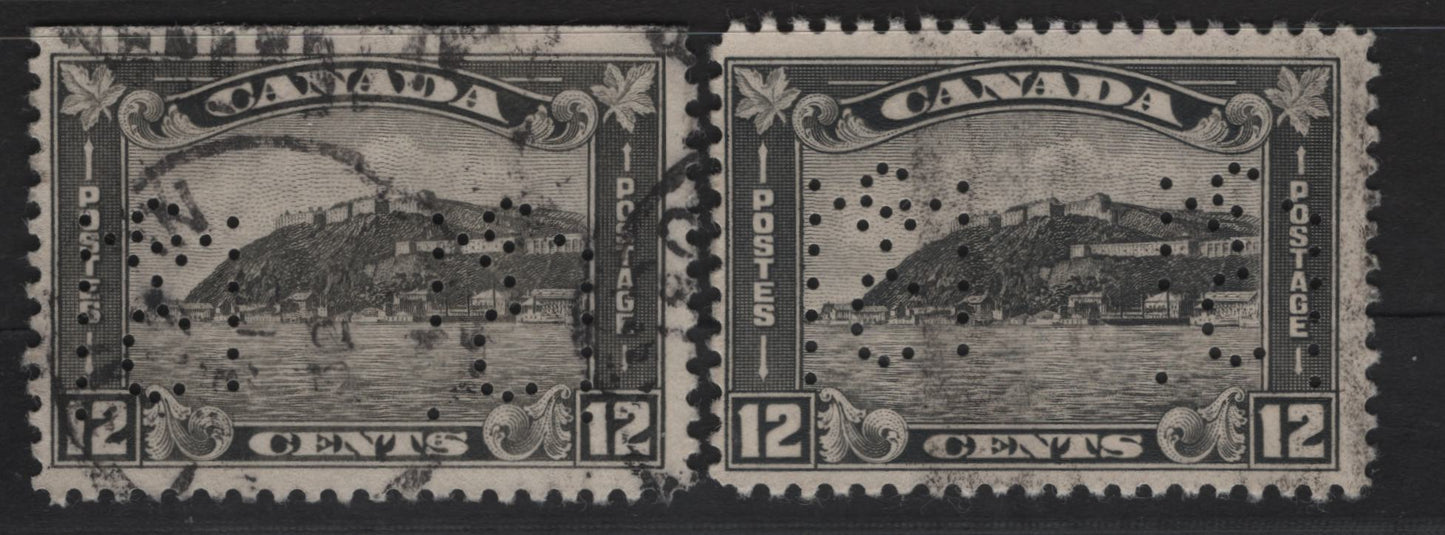 Lot 227 Canada #174 12c Gray Black - Deep Gray Quebec Citadel, 1930-1931 Arch/Leaf Issue, 2 Fine Used Singles, Papers BABN-S & BABN-B, Perf 10.9, McClary Manufacturing Perfins, Damaged Die That Shows Missing Holes In The M.
