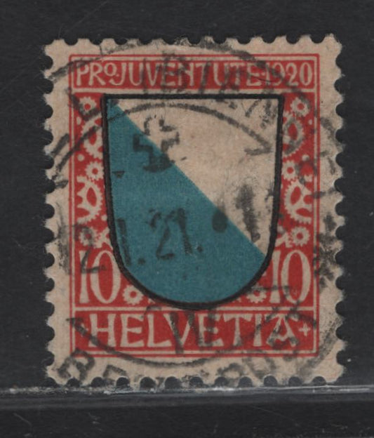 Lot 23 Switzerland SC#B16 10c Red & Light Blue Shield, 1920 Semi Postal Issue, A Fine Used Single, January 12 1921 CDS Cancel, Tiny Split In Top Margin At UL