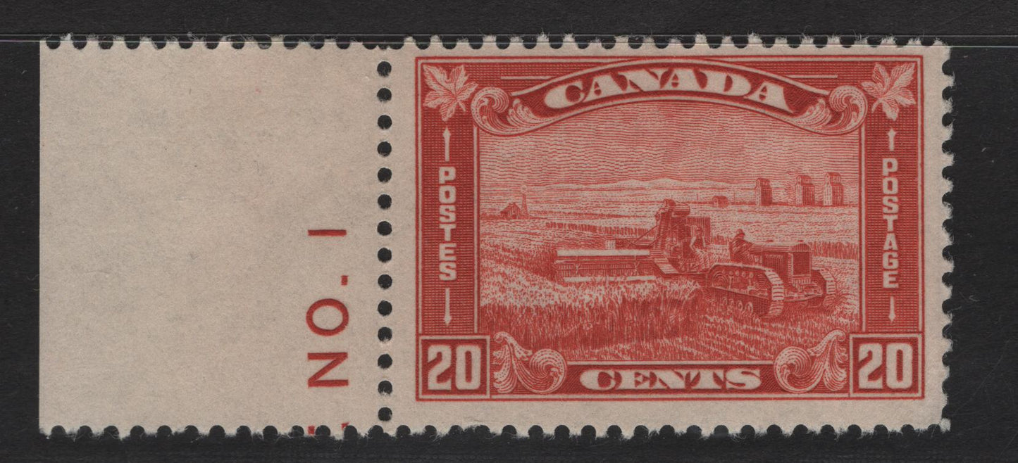 Lot 234 Canada (C) #175 20c Dull Brownish Vermillion Harvesting Wheat, 1930-1931 Arch/Leaf Issue, A FOG Single, Paper BABN-B, Perf 10.9, Plate 1 Tab.