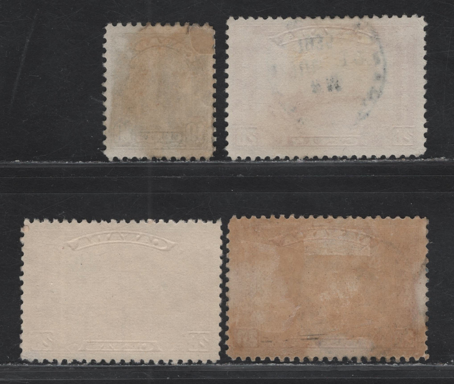 Canada #173, 175 10c - 20c Olive Green - Pale Vermillion Library of Parliament - Harvesting Wheat, 1930-1931 Arch/Leaf Issue, 4 Very Fine Used Singles, Papers BABN-D, BABN-T, Perfs 10.8, 10.9x10.8 & 10.9