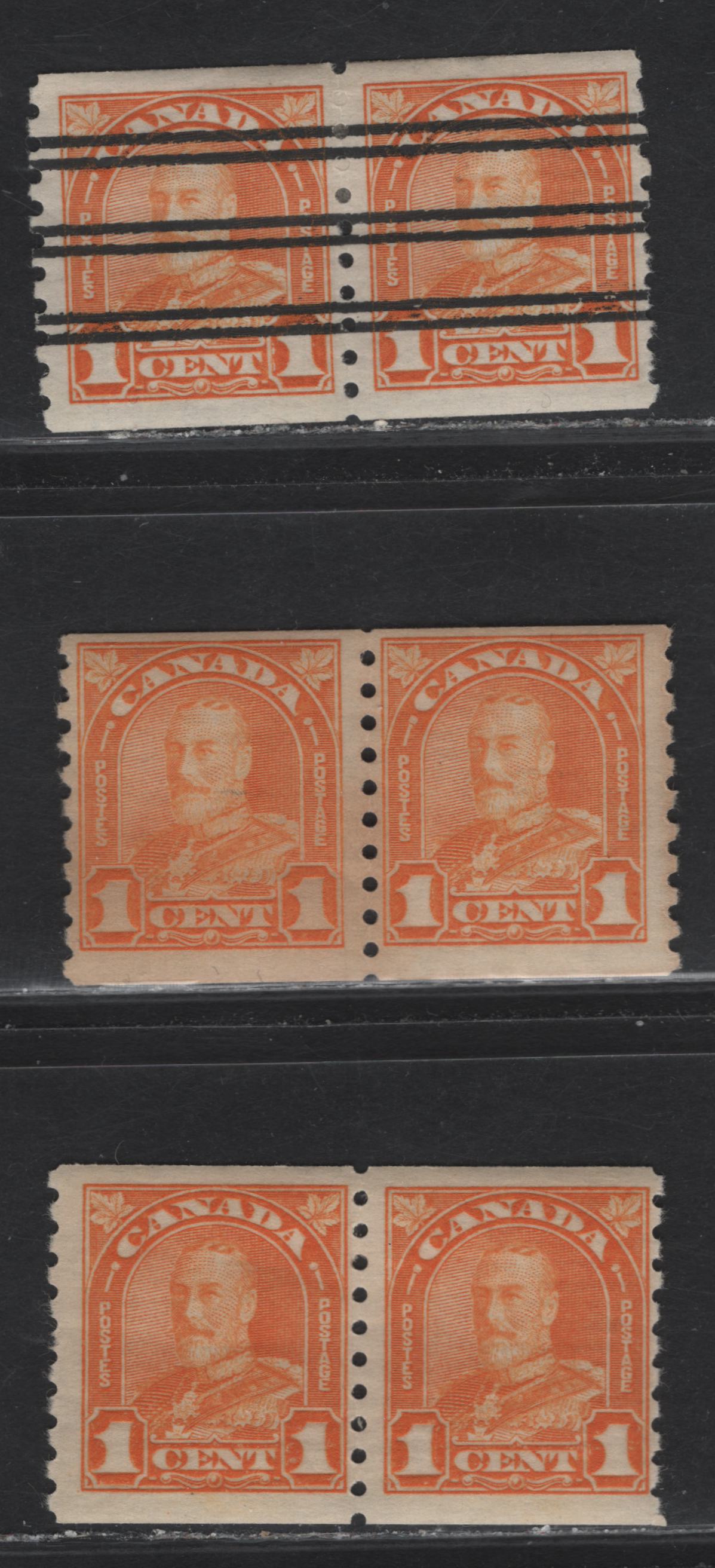 Lot 250 Canada #178-178xx 1c Yellow Orange - Orange King George V, 1930-1931 Arch/Leaf Coil Issue, 3 F/VFOG Pairs, Papers BABN-Y, BABN-Z & BABN-AA, 2.75mm & 3mm Spacing