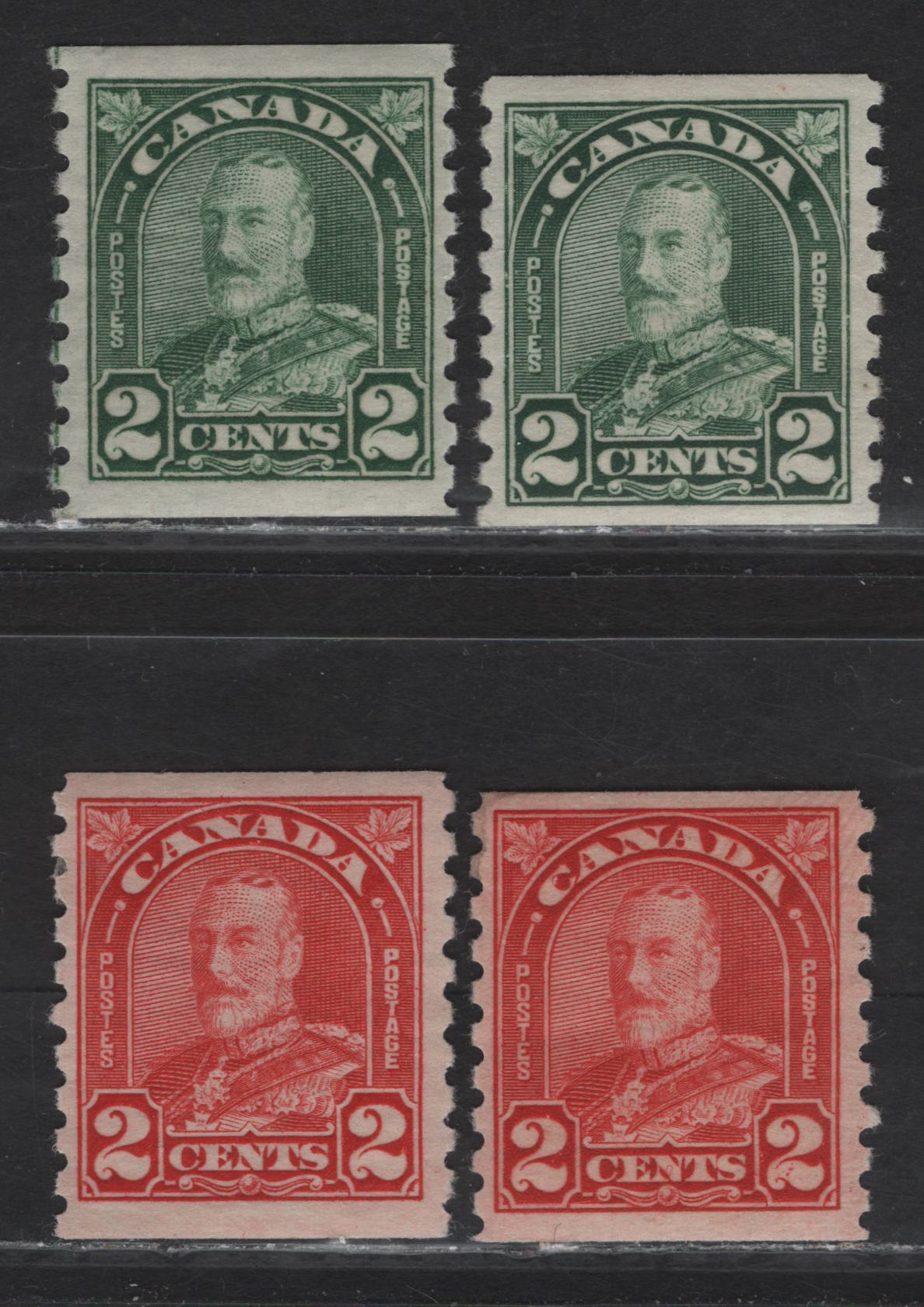 Lot 254 Canada (C) #180-181 2c Light Green - Red King George V, 1930-1931 Arch/Leaf Coil Issue, 4 VFOG Singles, Papers BABN-Y, BABN-AA & BABN-BB, All Rotary Bar Perforated