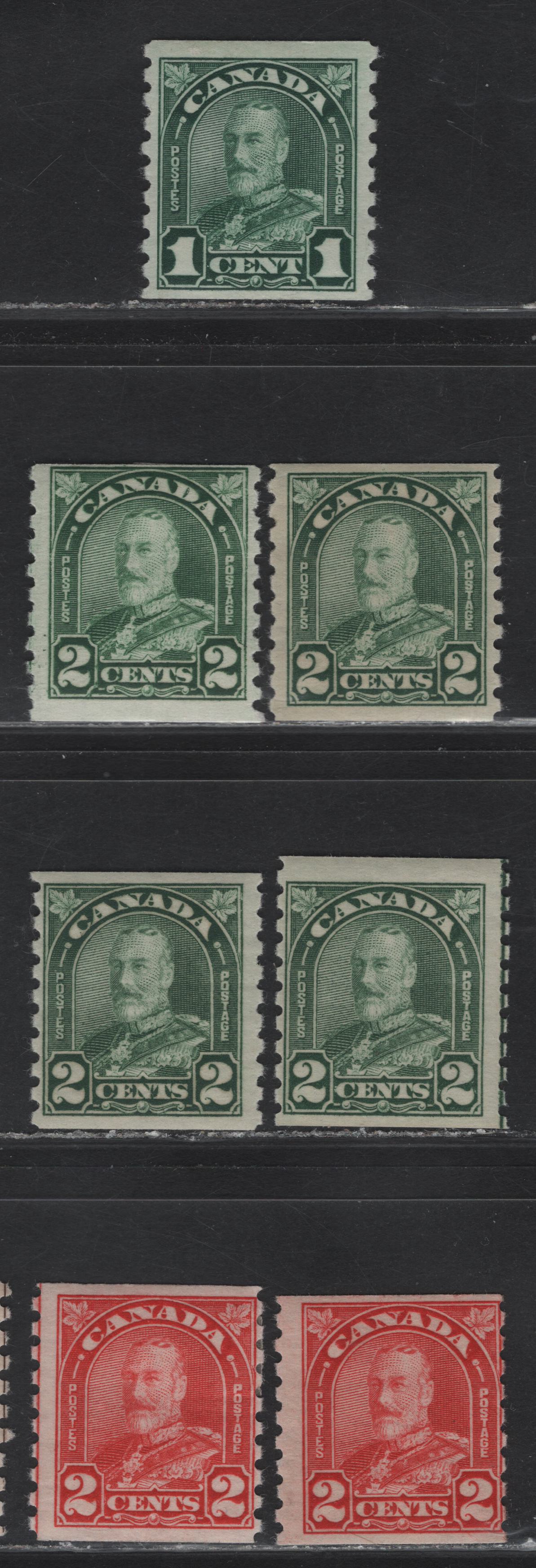 Lot 257 Canada (C) #179-181 1c - 2c Deep Bluish Green - Bright Red King George V, 1930-1931 Arch/Leaf Coil Issue, 7 FOG Singles, Papers BABN-Y & BABN-BB, All Rotary Bar Perforated