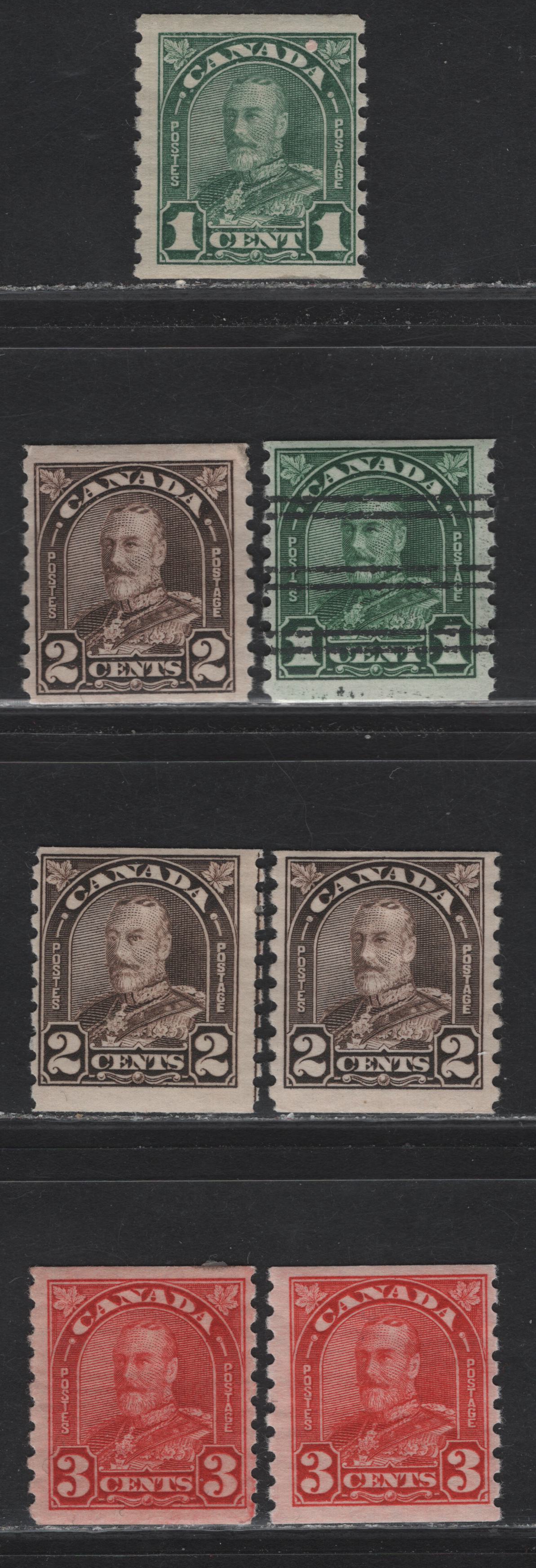 Lot 258 Canada (C) #179, 179xx, 182-183 1c - 3c Pale Dull Blue Green - Deep Scarlet Red King George V, 1930-1931 Arch/Leaf Coil Issue, 7 FOG Singles, Papers BABN-Y, BABN-AA & BABN-BB, All Rotary Bar Perforated, One Precancel.