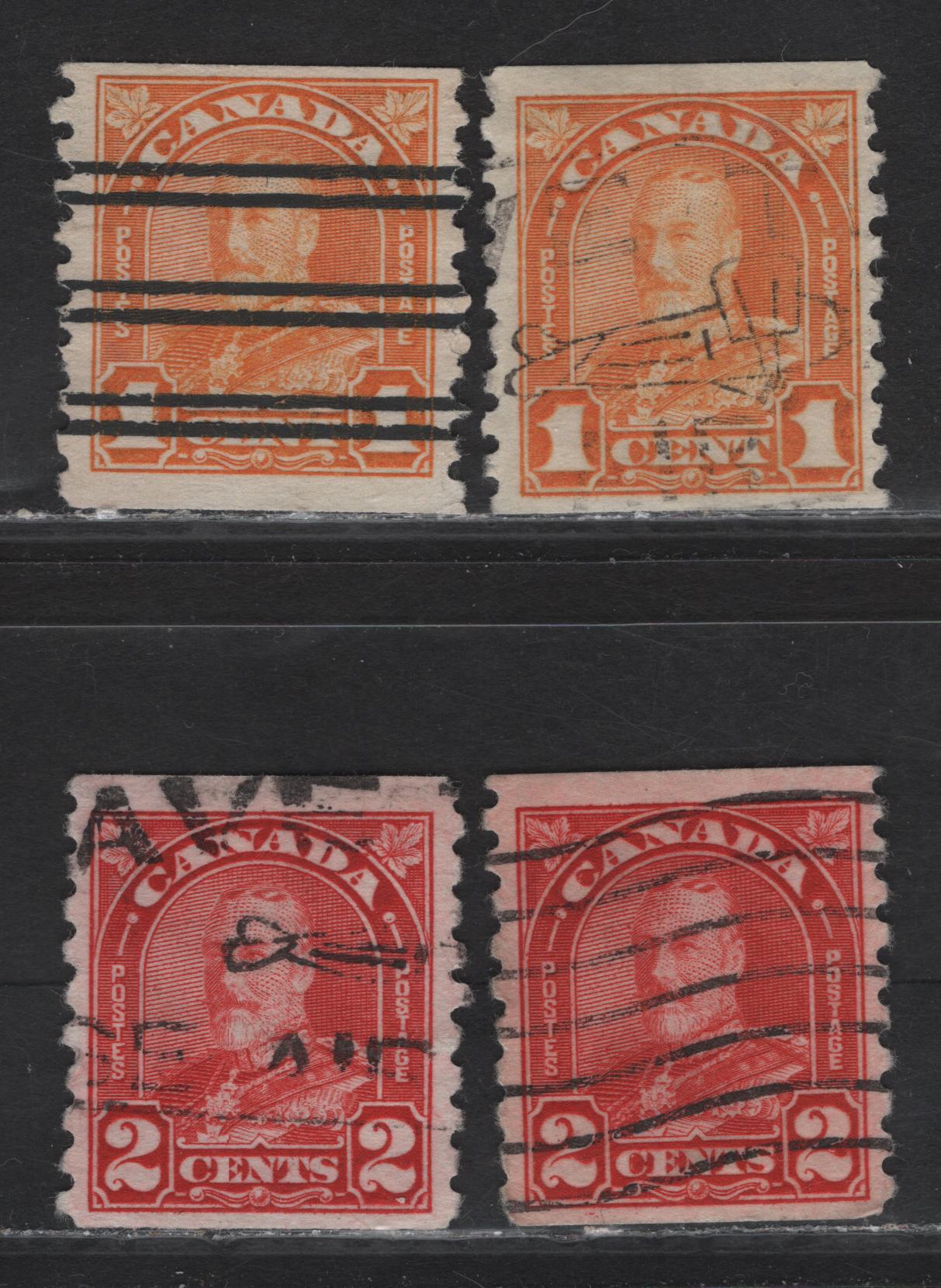 Lot 260 Canada #178, 178xx, 181 1c - 2c Orange - Bright Red King George V, 1930-1931 Arch/Leaf Coil Issue, 4 Fine Used Singles, Paper BABN-Y, All Rotary Bar Perforated
