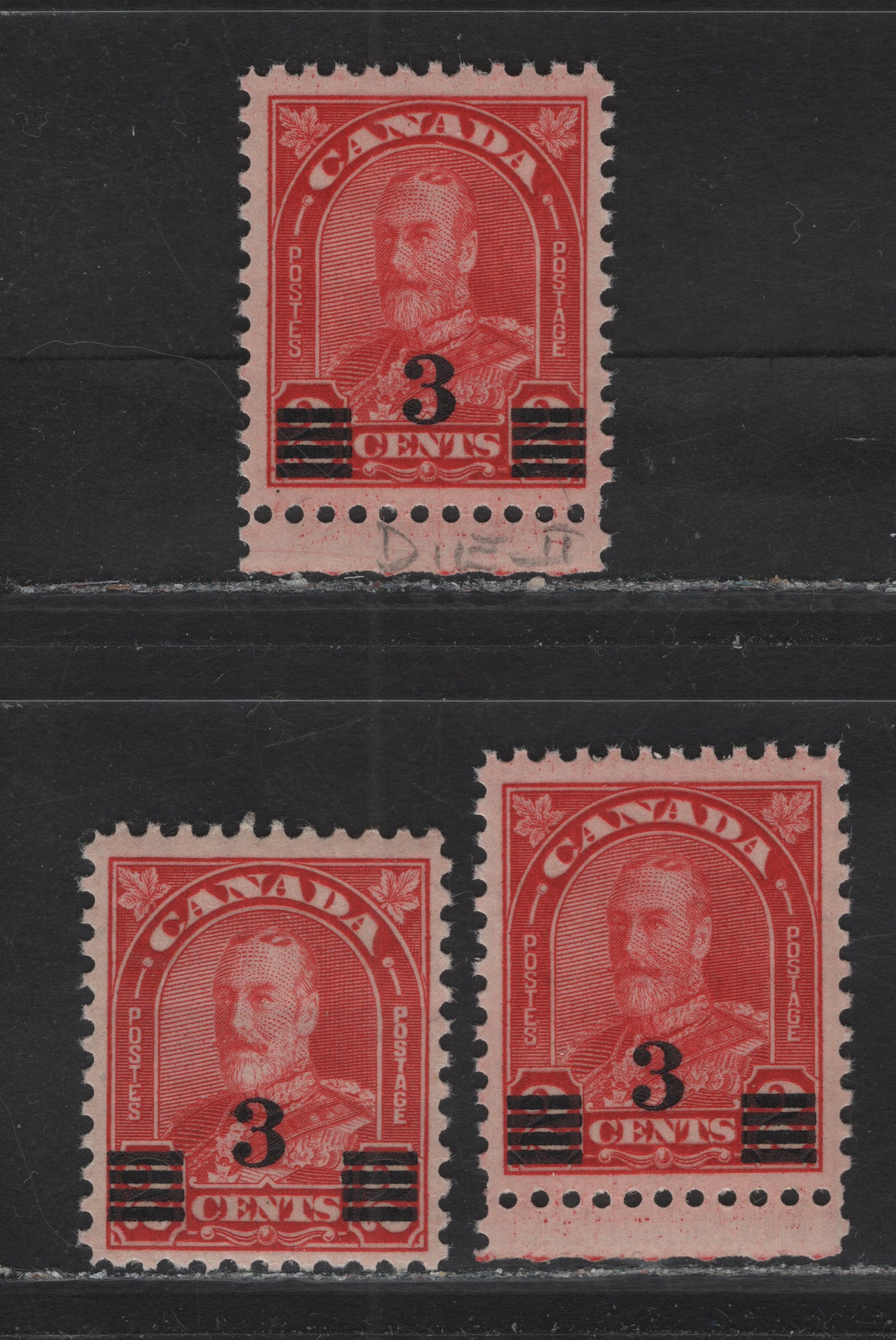 Lot 269 Canada #191a 3c on 2c Deep Bright Red - Light Red King George V, 1932 Arch/Leaf Provisional Issue, 3 VFNH Singles, Dies 1 & 2, Papers BABN-M, BABN-O & BABN-N, Perfs 11.1x10.8 & 10.9x10.8.