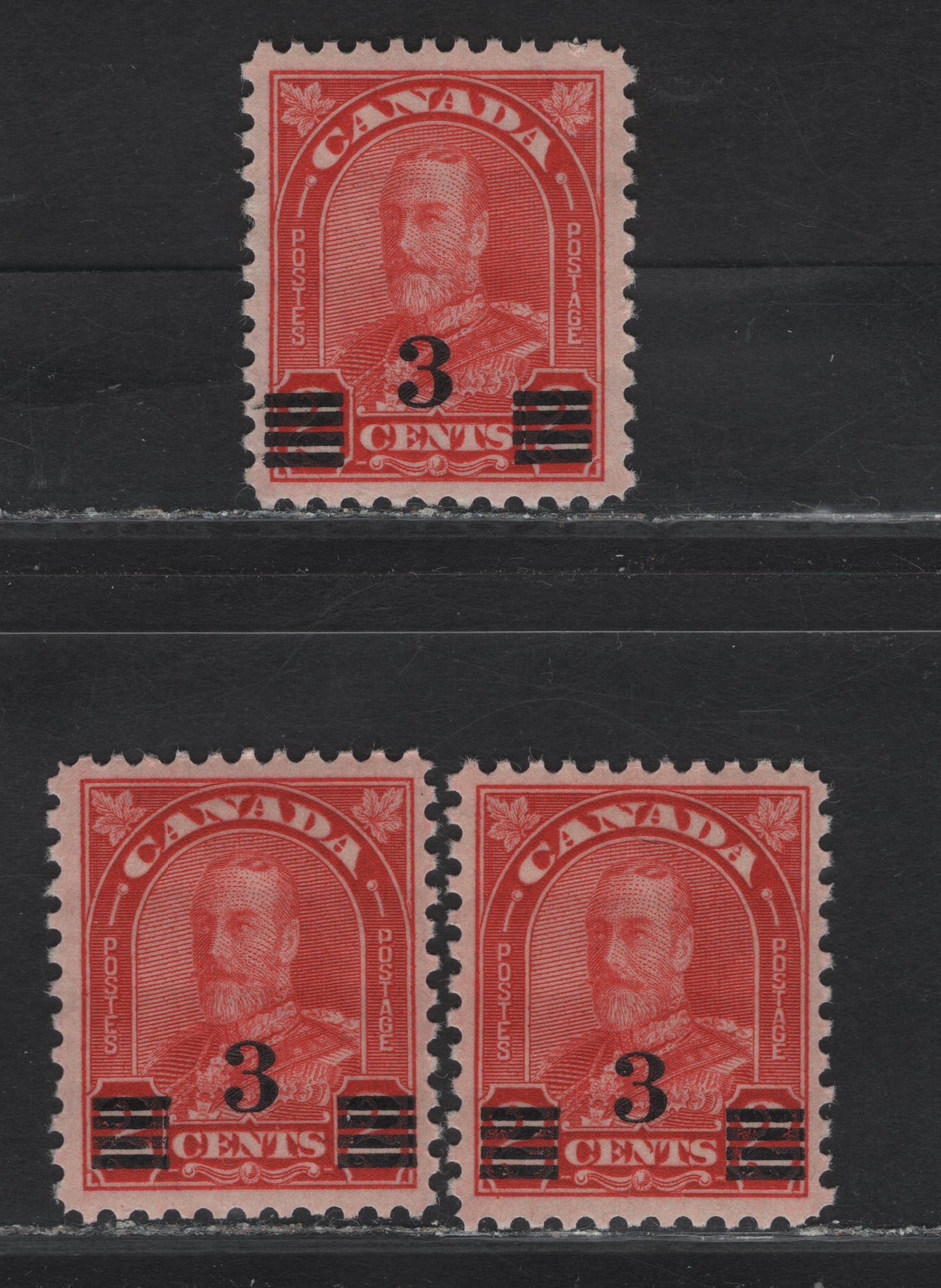 Lot 270 Canada (C) #192 3c on 2c Light Red - Scarlet King George V, 1932 Imperial Economic Conference Issue, 3 VFNH Singles, Papers BABN-M, BABN-B & BABN-O, Die 2