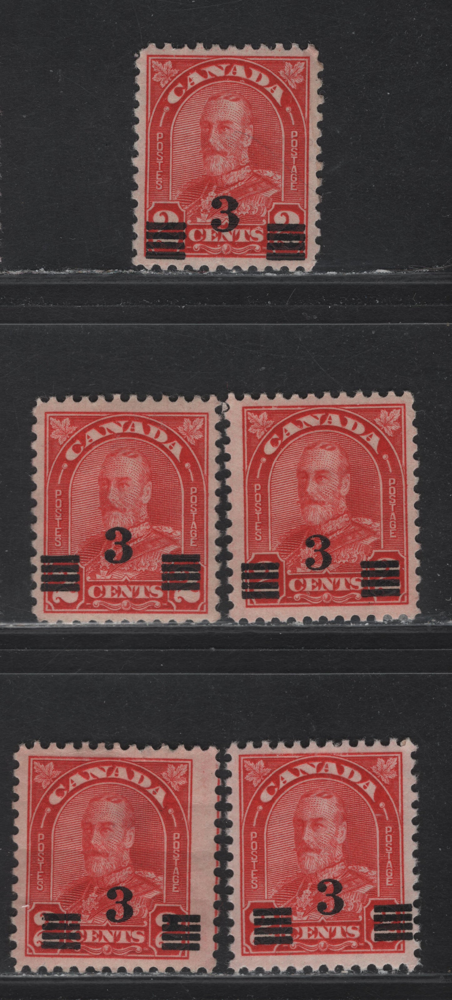 Lot 273 Canada #191 3c on 2c Scarlet Red King George V, 1932 Arch/Leaf Provisional Issue, 2 VFOG Singles, Papers BABN-B & BABN-M, All Showing Minor Shifts Of The Surcharge