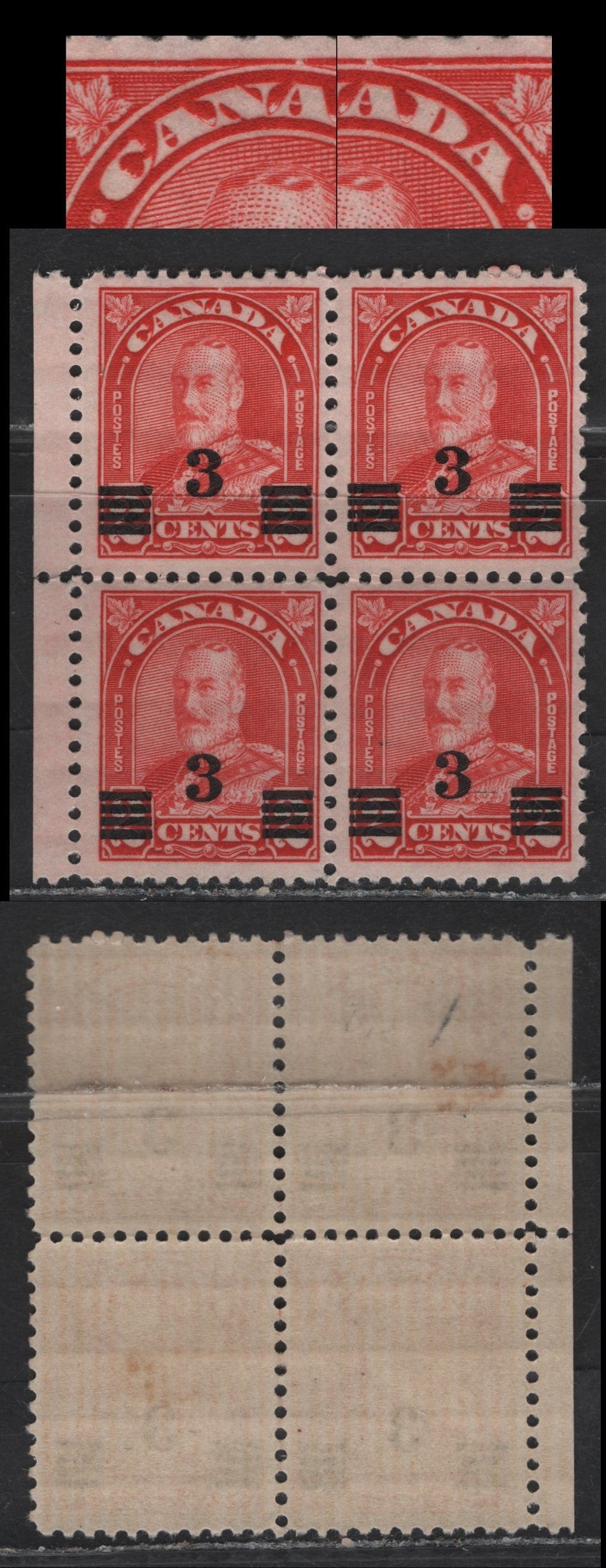 Lot 274 Canada #191a 3c on 2c Red King George V, 1932 Arch/Leaf Provisional Issue, A FNH Block Of 4, Paper BABN-M, Perf 11.1x10.8, Showing Surcharge Shifted Up & Dry Inking Die Flaws In Canada On Left 2 Stamps.
