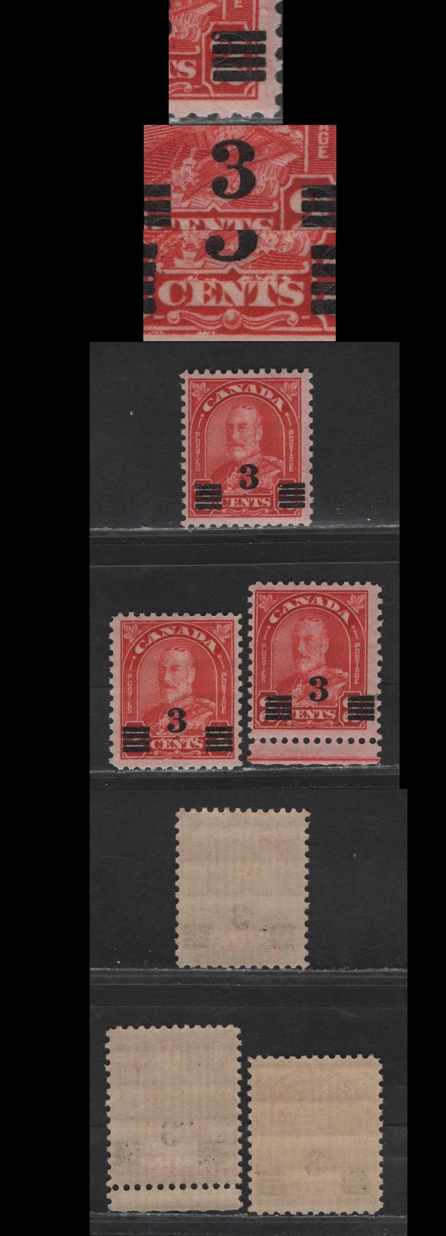 Lot 275 Canada #191a 3c on 2c Deep Scarlet Red King George V, 1932 Arch/Leaf Provisional Issue, 3 FNH Singles, Paper BABN-M, Showing 2 Unlisted Varieties Of The Overprint, Plus A Normal Surcharge With Dry Inking Above Cents.