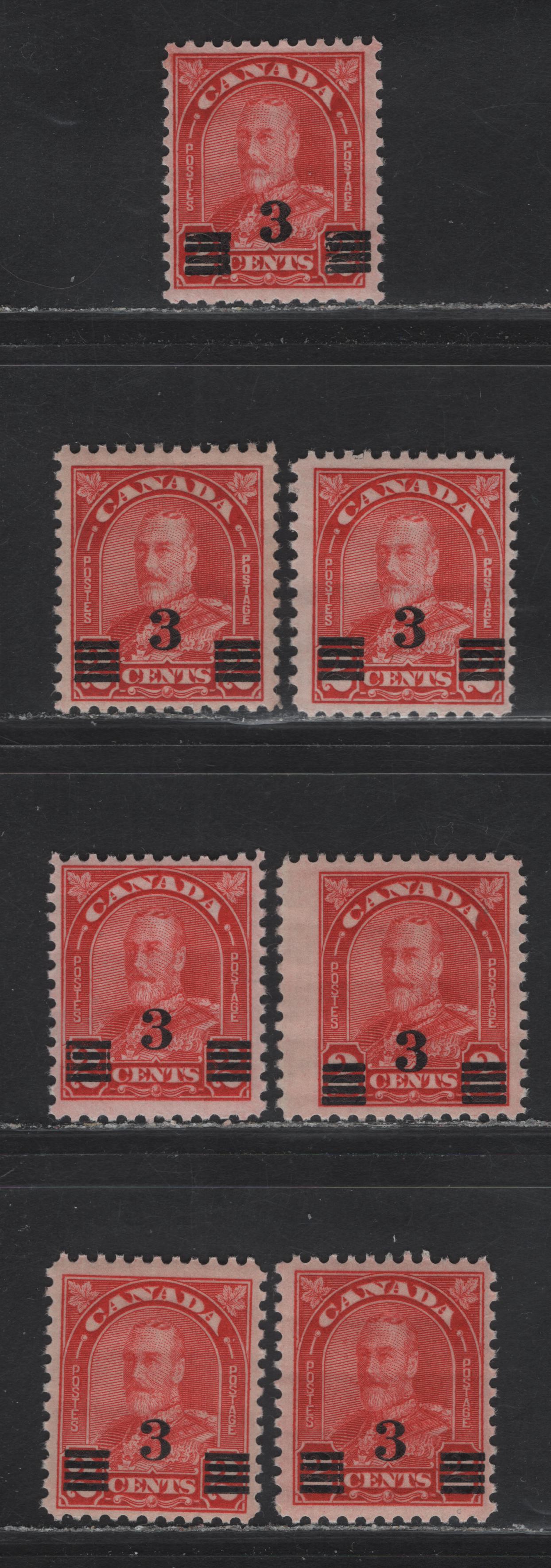 Lot 277 Canada #191-191a 3c on 2c Bright Scarlet - Light Scarlet King George V, 1932 Arch/Leaf Provisional Issue, 7 FNH Singles, Paper BABN-M, Die 1