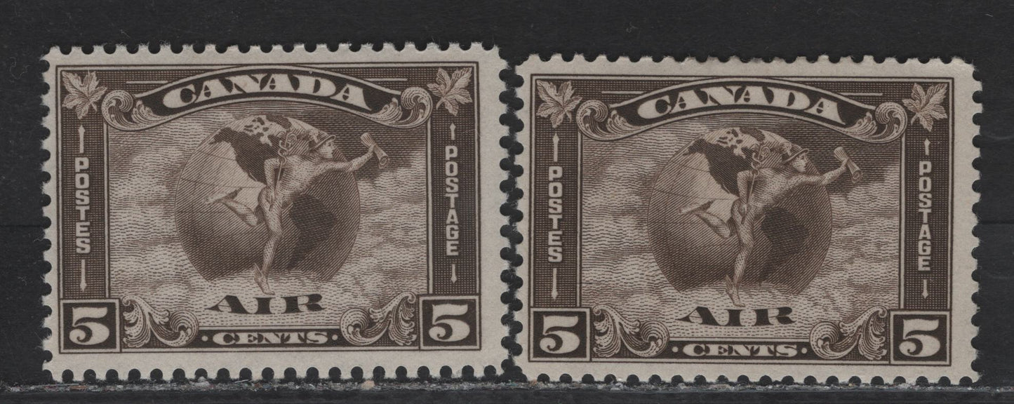 Canada (C) #C2 5c Olive Brown Mercury With Scroll, 1930 Airmail Issue, 2 FOG Singles, Paper BABN-V, Perfs 10.9 & 10.8