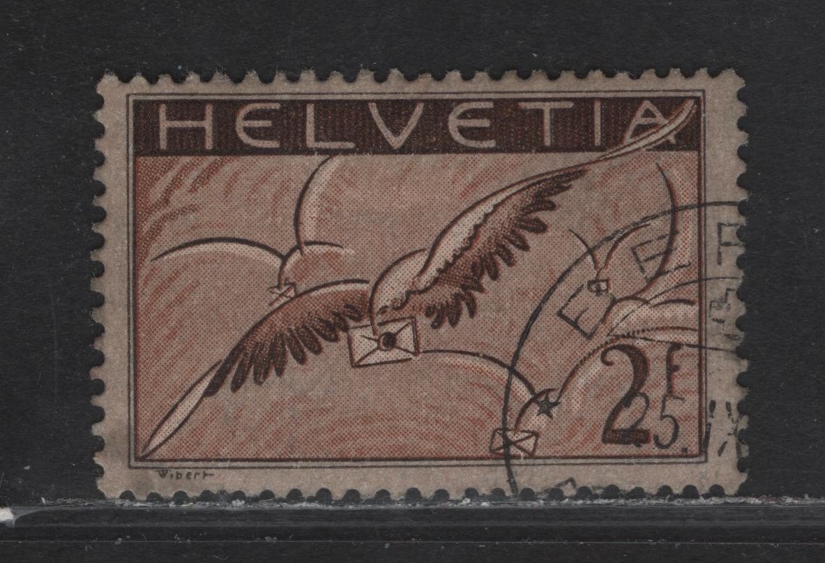 Lot 28 Switzerland SC#C15a 2fr Black Brown & Red Brown Bird Carrying Letter, 1933-1935 Airmail Issue, A Very Fine Used Single