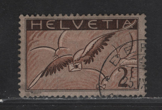 Lot 28 Switzerland SC#C15a 2fr Black Brown & Red Brown Bird Carrying Letter, 1933-1935 Airmail Issue, A Very Fine Used Single
