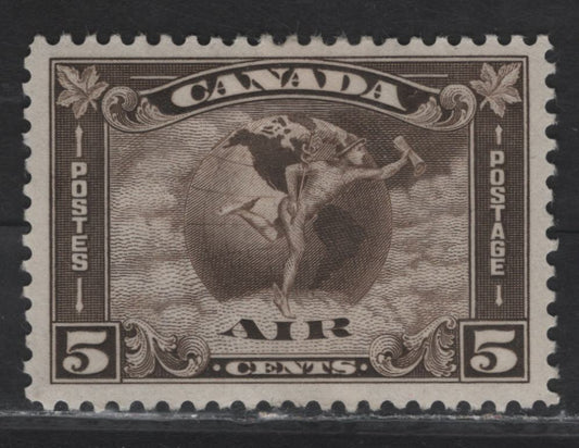 Canada #C2 5c Olive Brown Mercury With Scroll, 1930 Airmail Issue, A VFOG Single, Paper BABN-V, Perf 11x10.8