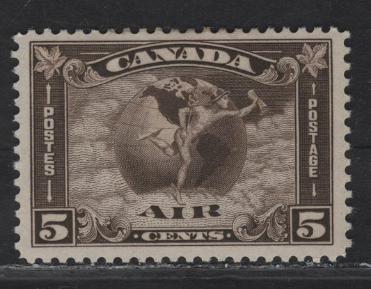 Canada #C2 5c Olive Brown Mercury With Scroll, 1930 Airmail Issue, A VFOG Single, Paper BABN-V, Perf 10.9x10.8