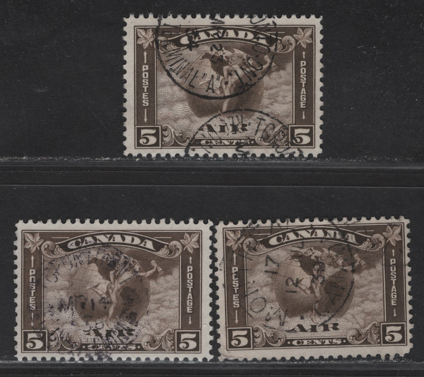 Lot 285 Canada #C2 5c Deep Olive Brown, Olive Brown & Light Olive Brown Mercury With Scroll, 1930 Airmail Issue, 3 Fine/Very Fine Used Singles, Paper BABN-V, Perfs 10.9 & 11x10.9
