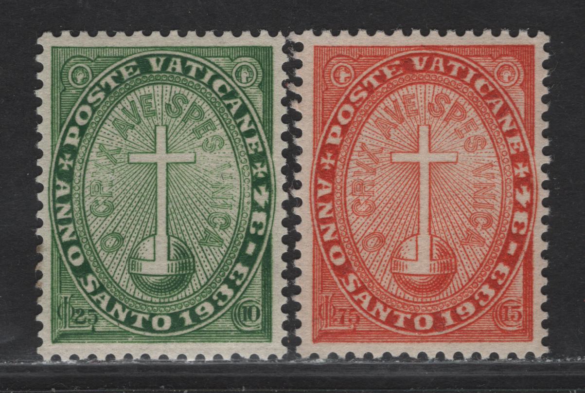 Lot 31 Vatican City SC#B1-B2 25c+10c - 75c+15c Green - Scarlet Cross & Orb, 1933 Holy Year Semi Postal Issue, 2 VFNH Singles