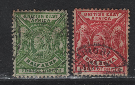 Lot 33 British East Africa (C) SG#65var, 66var 1/2d - 1a Yellow Green & Carmine Rose King Edward VII, 1903-1904 Queen Victoria Issue, 2 Fine/Very Fine Used Singles