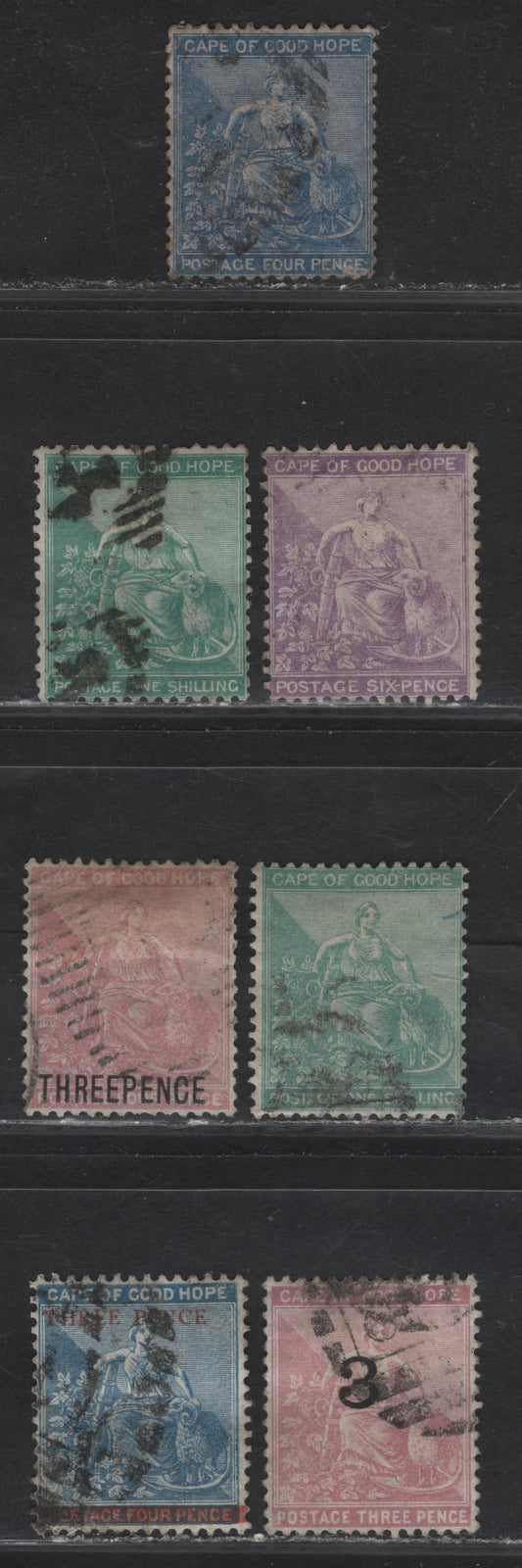 Lot 35 Cape of Good Hope (C) SG#24b, 25-26, 26b, 34-35, 37 4d -3d on 3d Ultramarine - Pale Dull Rose Seated Hope, 1864-1880 Seated Hope Keyplate Issue, 7 Fine/Very Fine Used Singles, Crown CC Wmk