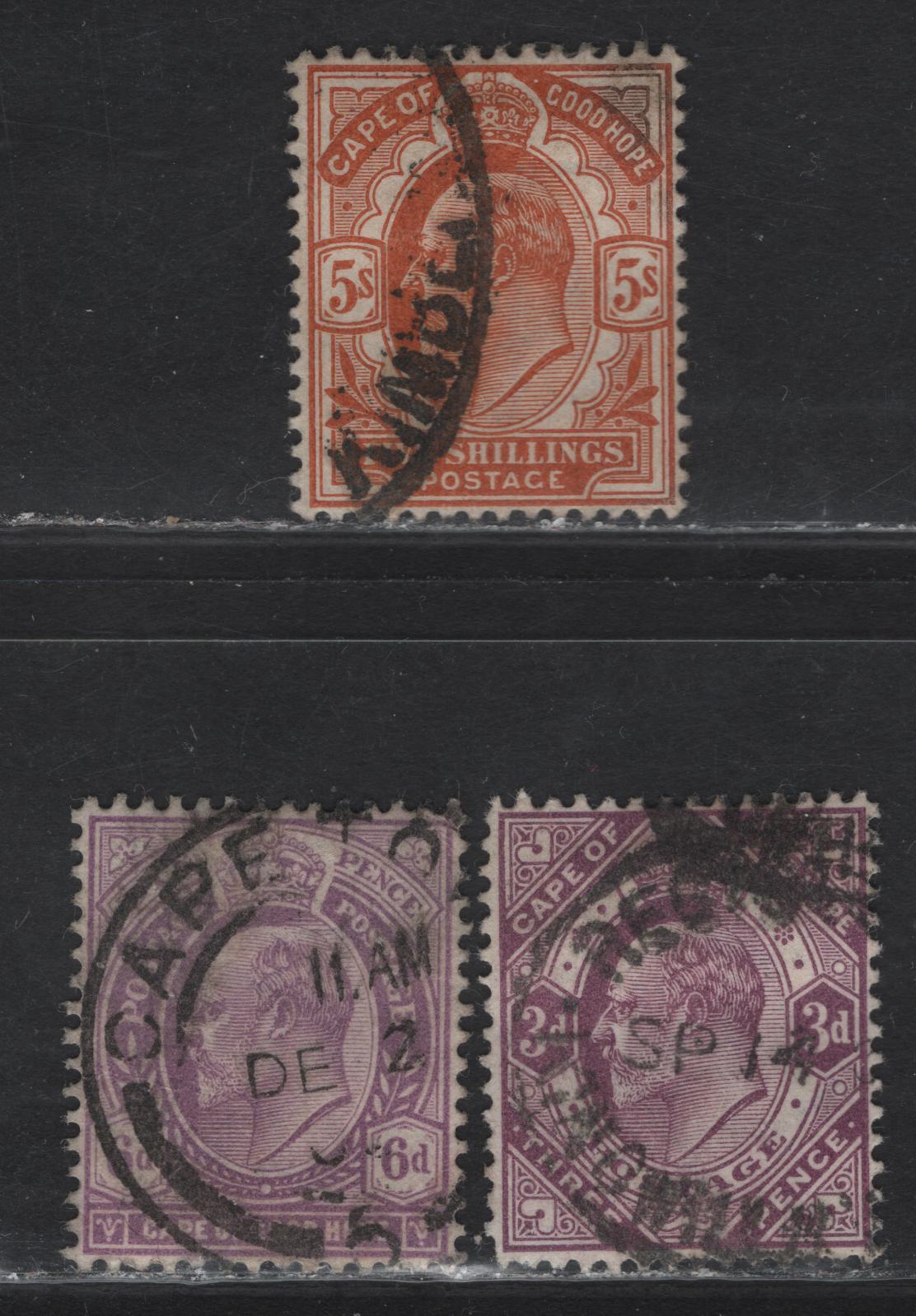 Lot 37 Cape of Good Hope (C) SG#74, 76, 78 3d - 5/- Magenta - Brown Orange King Edward VII, 1902-1904 King Edward VII Issue, 3 Fine/Very Fine Used Singles, Cabled Anchor Wmk