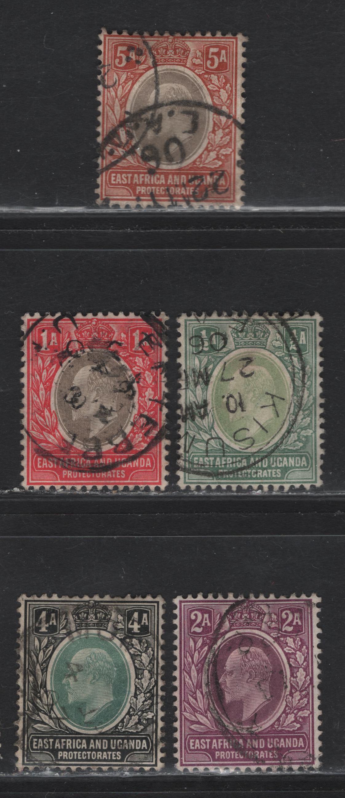 Lot 44 East Africa & Uganda Protectorates (C) SG#17a, 18a, 19a, 23a, 24a 1/2a - 5a Gray Green - Gray & Orange Brown King Edward VII, 1904-1907 King Edward VII Keyplates Issue, 5 Fine/Very Fine Used Singles, Chalky Paper, Multiple Crown CA Wmk