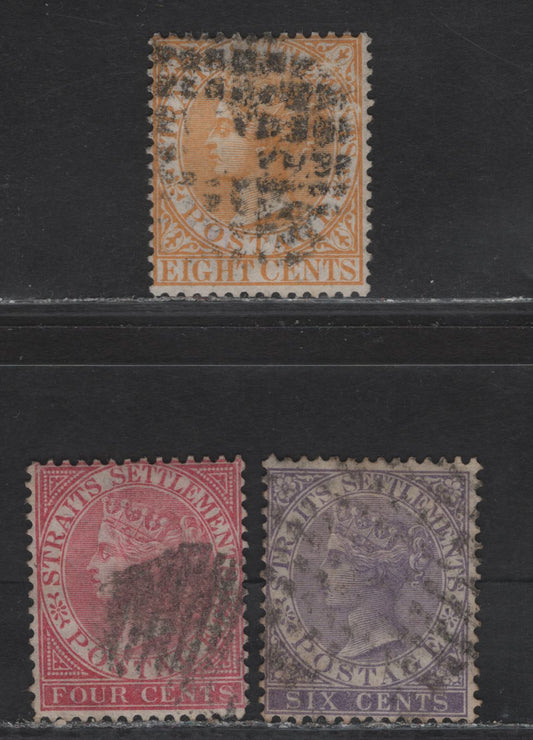 Lot 46 Malaya - Straits Settlements (C) SG#13, 14, 12a 4c - 8c Deep Rose - Orange Yellow Queen Victoria, 1867-1872 Queen Victoria Keyplate Issue, 3 Very Good Used Single, Crown CC Wmk