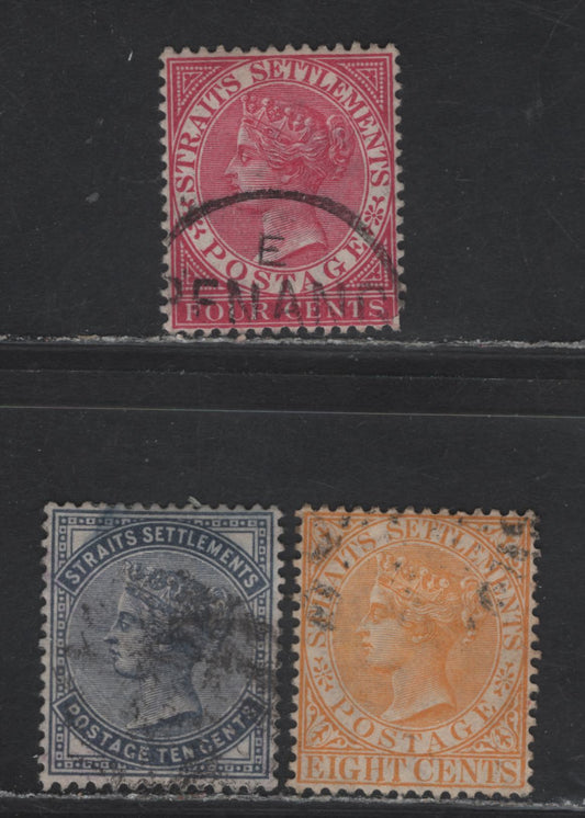 Lot 49 Malaya - Straits Settlements (C) SG#51-53 4c - 10c Rose - Slate Queen Victoria, 1882 Queen Victoria Keyplate Issue, 3 Very Fine Used Singles, Crown CA Wmk