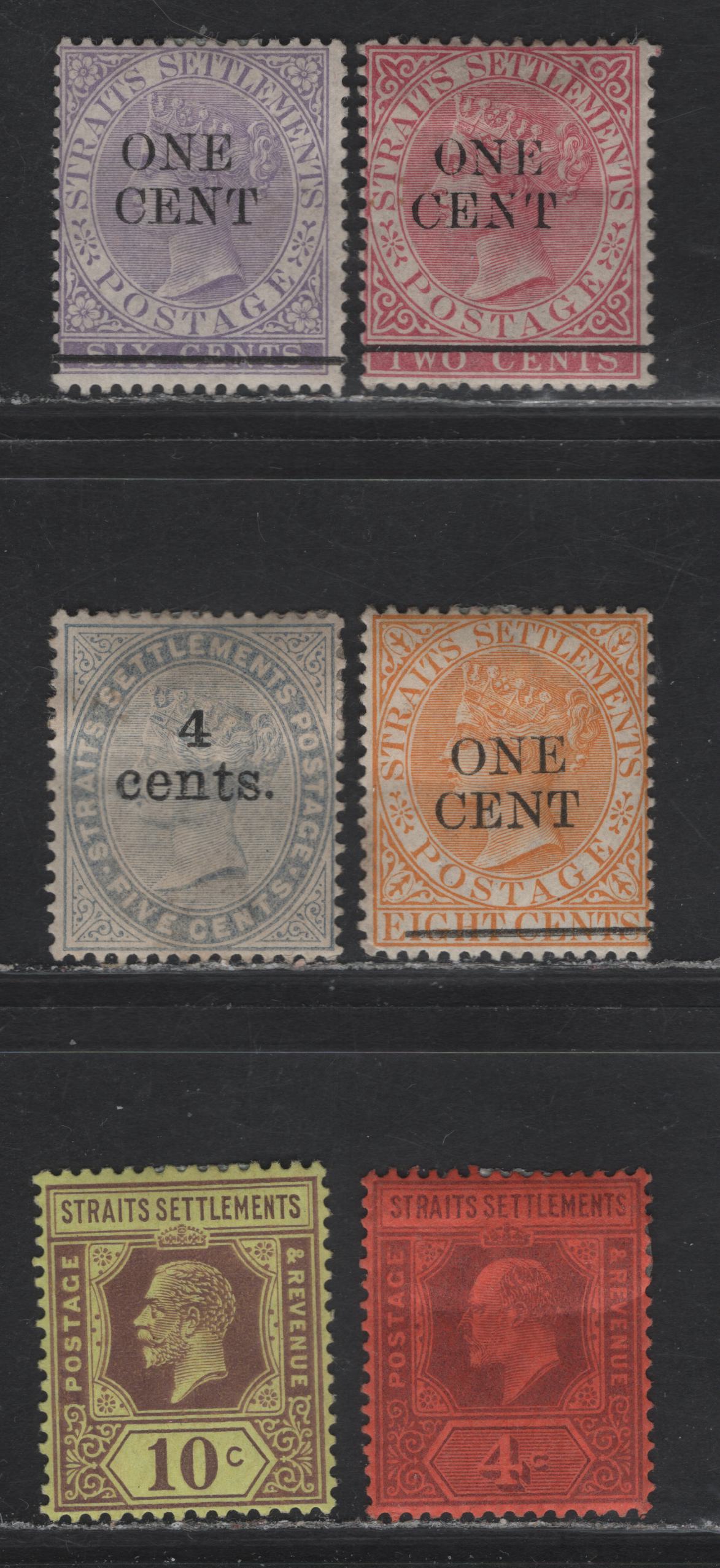 Lot 51 Malaya - Straits Settlements (C) SG#88, 90-91, 107, 125 1c on 2c - 10c Rose - Purple on Pale Yellow Queen Victoria - King George V, 1892-1933 Surcharged - KGV Imperium Keyplate Issues, 6 F/VFOG & Unused Singles, Multiple Script CA Wmk