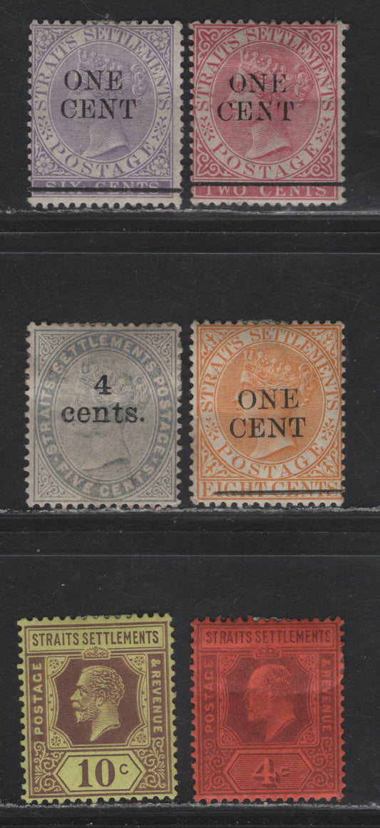Lot 51 Malaya - Straits Settlements (C) SG#88, 90-91, 107, 125 1c on 2c - 10c Rose - Purple on Pale Yellow Queen Victoria - King George V, 1892-1933 Surcharged - KGV Imperium Keyplate Issues, 6 F/VFOG & Unused Singles, Multiple Script CA Wmk