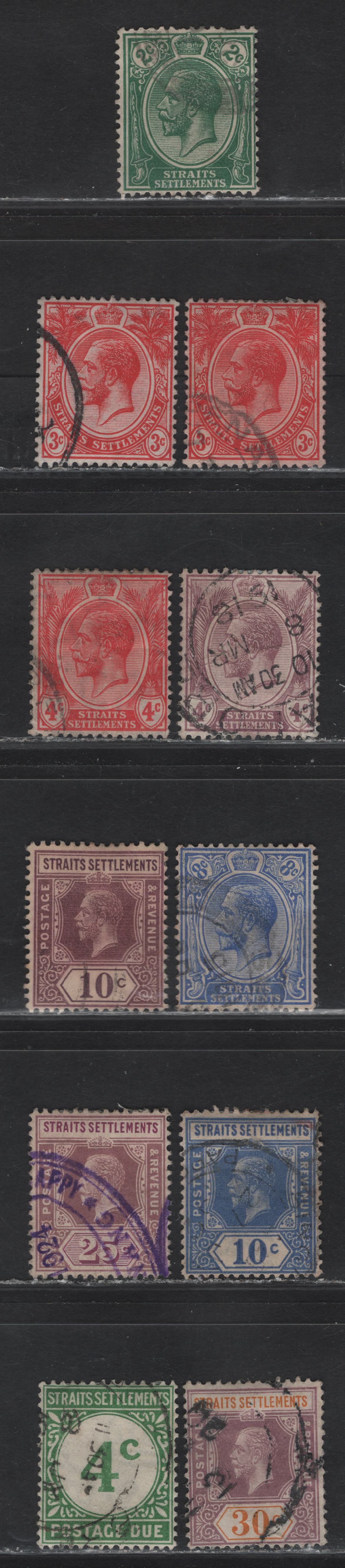 Lot 52 Malaya - Straits Settlements (C) SG#195, 196, 196a, 197-198, 201-203, D3, 205, 207 2c - 30c Green - Dull Purple & Orange King George V, 1912-1925 KGV Imperium Keyplates & Postage Dues, 11 Fine/Very Fine Used Singles