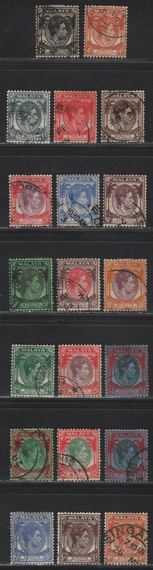 Lot 53 Malaya - Straits Settlements (C) SG#278-293, 296-298 1c - $5 Black - Green & Red on Emerald King George VI, 1937-1941 KGVI Keyplates Issue, 20 Fine/Very Fine Used Singles, Includes 2 Shades Each of 25c & $1, Die 2 Examples Of 2c, 4c, 5c & 15c