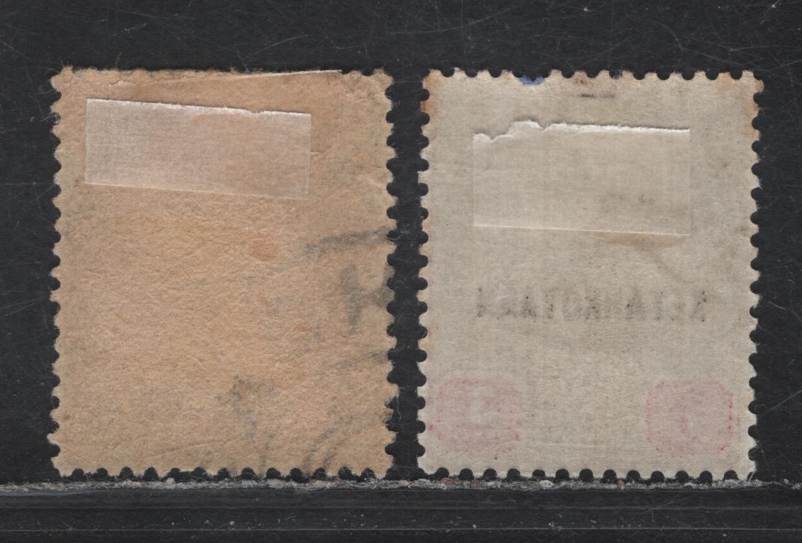 Lot 54 Malaya - Johore (C) SG#29, 34a 3c on 5c - 3c Dull Purple & Green - Dull Purple & Carmine Sultan Abu Baker, 1894-1896 Sultan Abu Baker Keyplates Issue, 2 Very Fine Used Singles