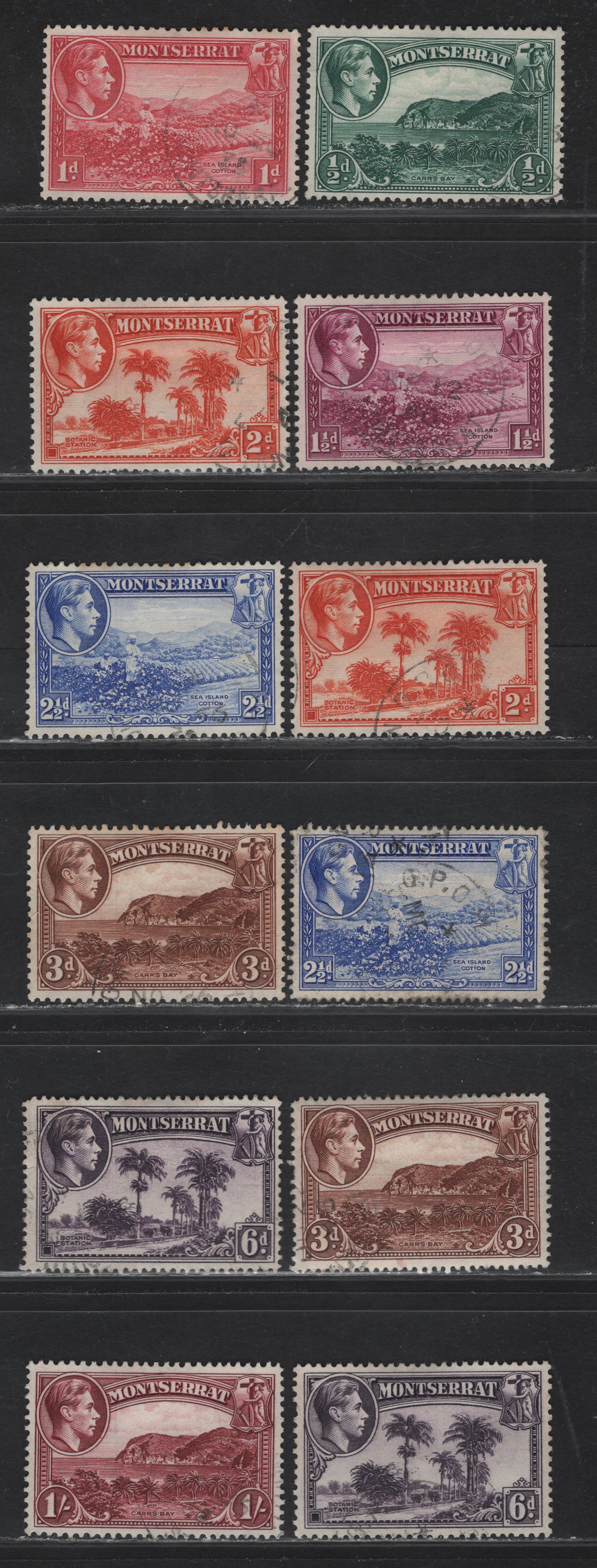 Lot 57 Montserrat (C) SG#101-105, 105a, 106, 106ab, 107-a, 108 1/2d - 1/- Blue Green - Lake King George VI, 1938-1948 KGVI Pictorial Issue, 12 Very Fine Used Singles, Perfs 13 & 14, Includes 2 Slightly Different Shades of 2d Perf 13