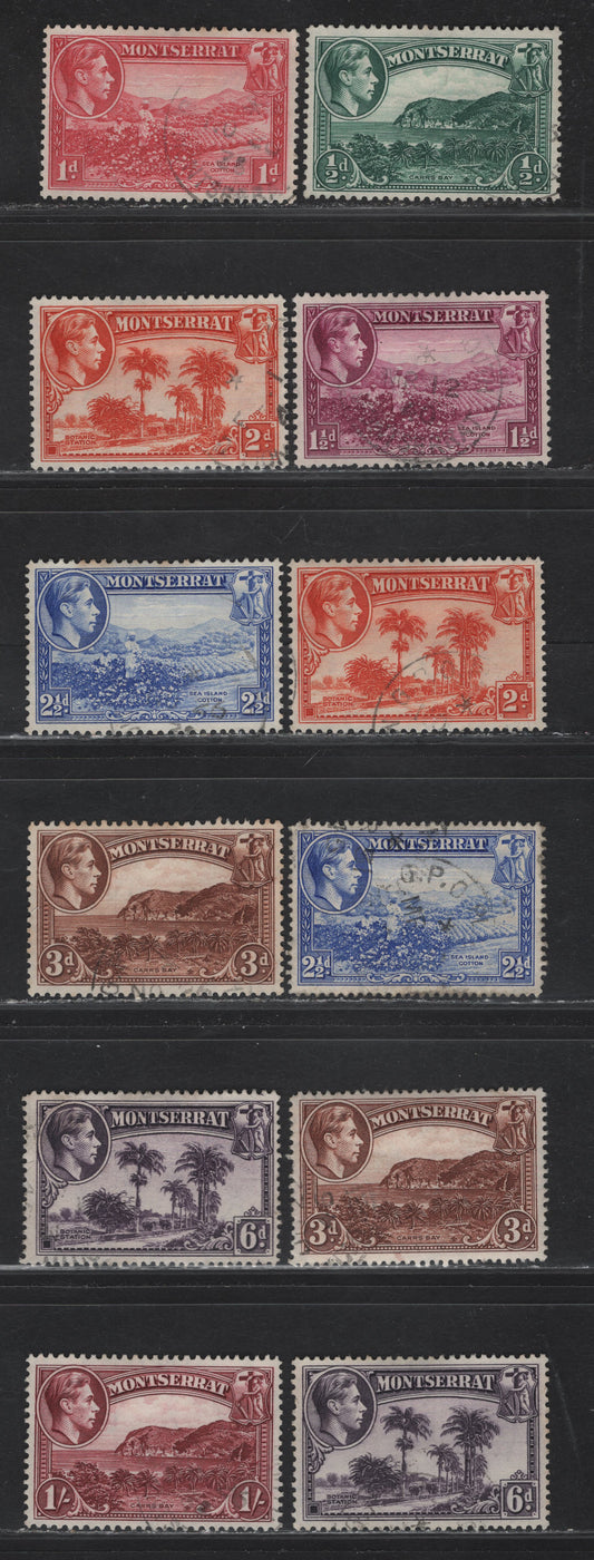 Lot 57 Montserrat (C) SG#101-105, 105a, 106, 106ab, 107-a, 108 1/2d - 1/- Blue Green - Lake King George VI, 1938-1948 KGVI Pictorial Issue, 12 Very Fine Used Singles, Perfs 13 & 14, Includes 2 Slightly Different Shades of 2d Perf 13