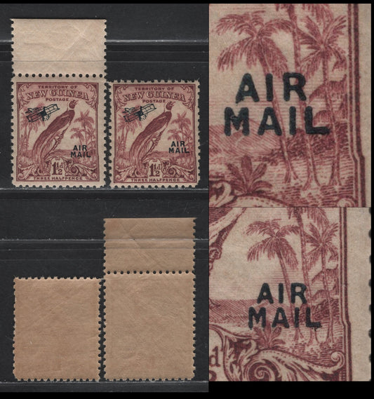 New Guinea (C) SG#192-192var 1.5d Claret Airplane, 1932 Airmail Issue, 2 VFNH Singles, Normal L And Elongated L In Overprint