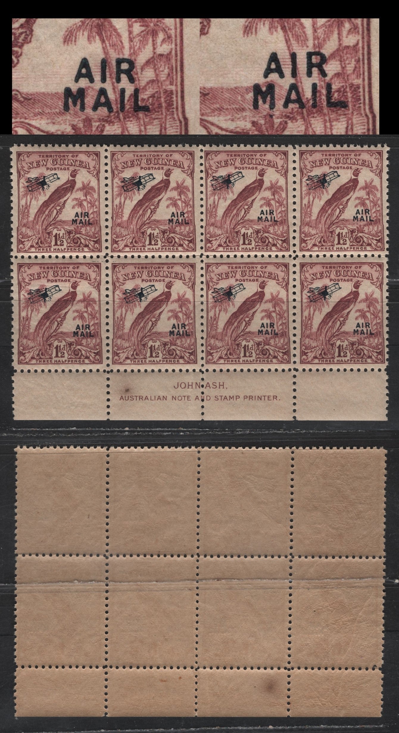 Lot 61D New Guinea (C) SG#192 1.5d Claret Airplane, 1932 Airmail Issue, A VFNH Inscription Block Of 8, Elongated L On Mail On Stamps 1/2, 1/4, 2/4 & 2/4