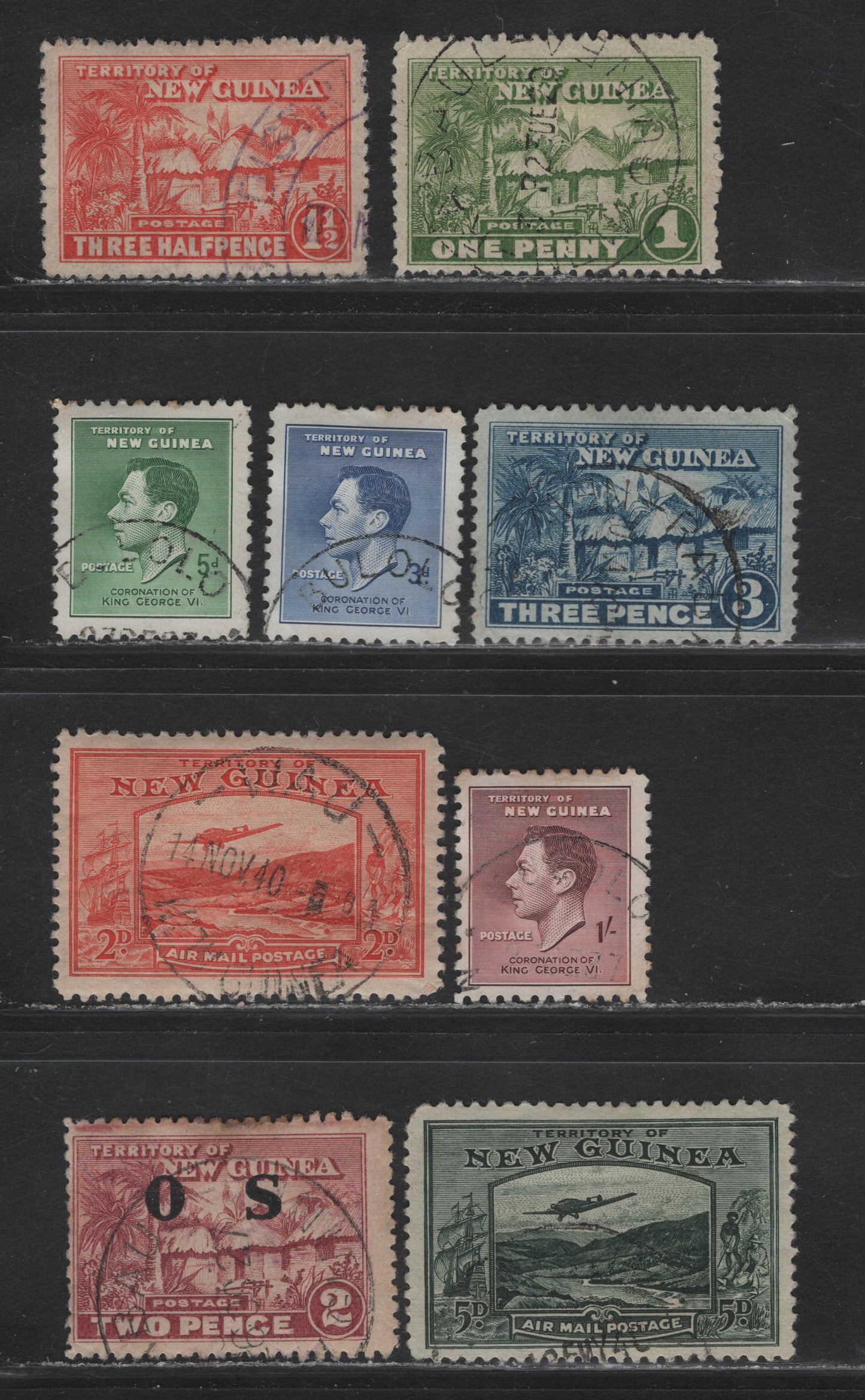 Lot 62 New Guinea (C) SG#126-a, 128, 209-211, 215, 218, O24 1d - 2d Green - Claret Native Village - Bulolo Goldfields, 1925-1939 Native Village - Airmail Issues, 9 Fine/Very Fine Used Singles