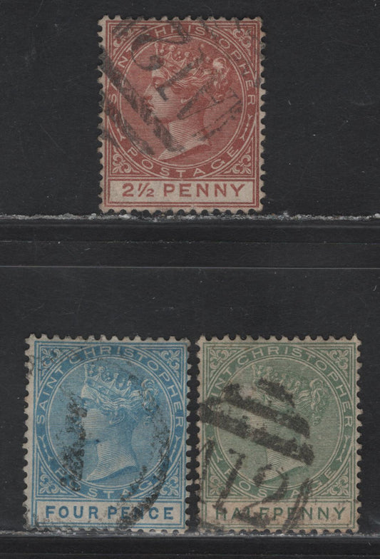 Lot 69 St Christopher (C) SG#11, 15, 17 1/2d - 4d Dull Green - Blue Queen Victoria, 1882-1890 Queen Victoria Keyplate Issue, 3 Fine/Very Fine Used Singles