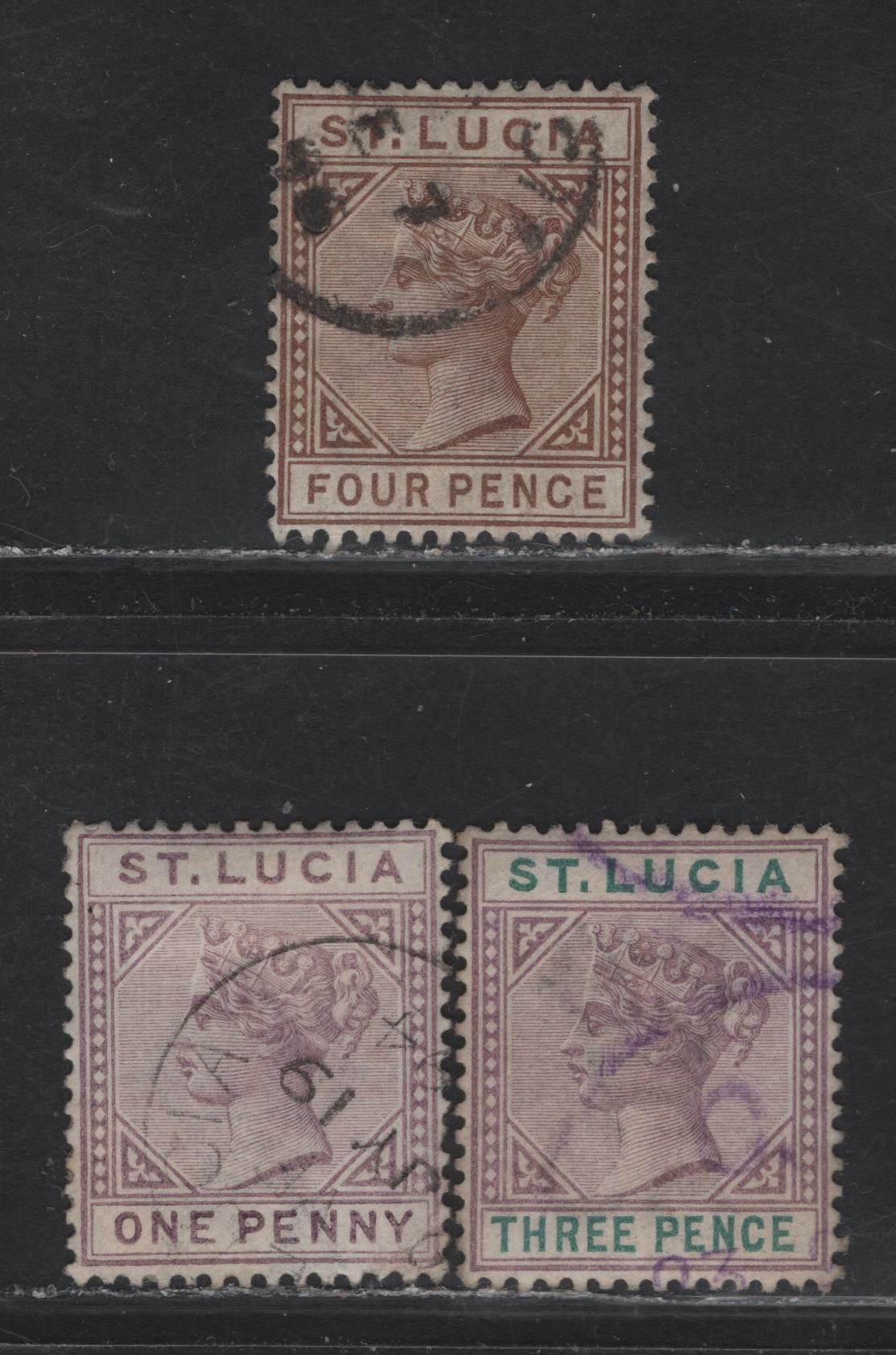 Lot 71 St Lucia (C) SG#44, 47-48 1d - 4d Dull Mauve - Brown Queen Victoria, 1891-1898 Queen Victoria Keyplates Issue, 3 Very Fine Used Singles, Die 2