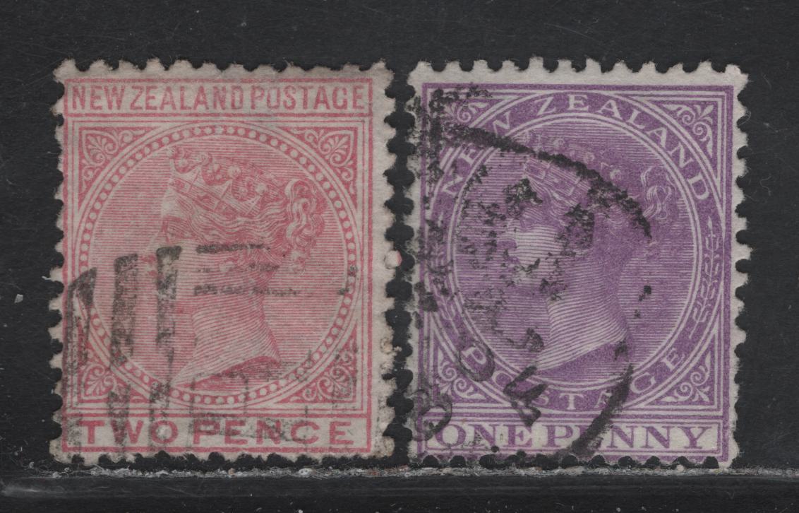 Lot 74 New Zealand (C) SG#180-181 1d - 2d Mauve Lilac - Rose Queen Victoria, 1878 Queen Victoria Sidefaces Issue, 2 Fine Used Singles, Perf 12x11.5