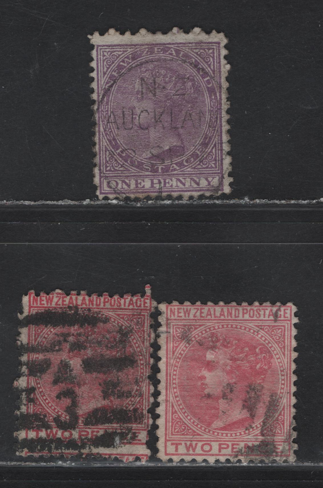 Lot 75 New Zealand (C) SG#152, 181, 179 1d - 2d Lilac - Rose Queen Victoria, 1874-1878 Queen Victoria Sidefaces Issue, 3 Very Good/Very Fine Used Singles, Perfs 12.5 & 12x11.5, Wmk Large Star