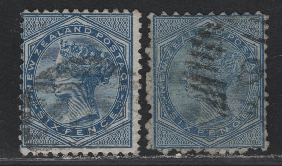 Lot 80 New Zealand (C) SG#176, 183 6d Blue Queen Victoria, 1874-1878 Queen Victoria Sidefaces Issue, 2 Fine/Very Fine Used Singles, Bluish (Perf Compound of 12.5x10) & White (12x11.5) Papers, The 10 & 12.5 Compound is Particularly Well Centered