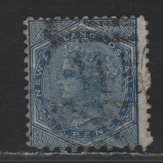 Lot 81 New Zealand (C) SG#163 6d Blue Queen Victoria, 1874-1878 Queen Victoria Sidefaces Issue, A Very Good Used Single, Compound Perf 10 & 12.5, White Paper, Small Corner Crease.