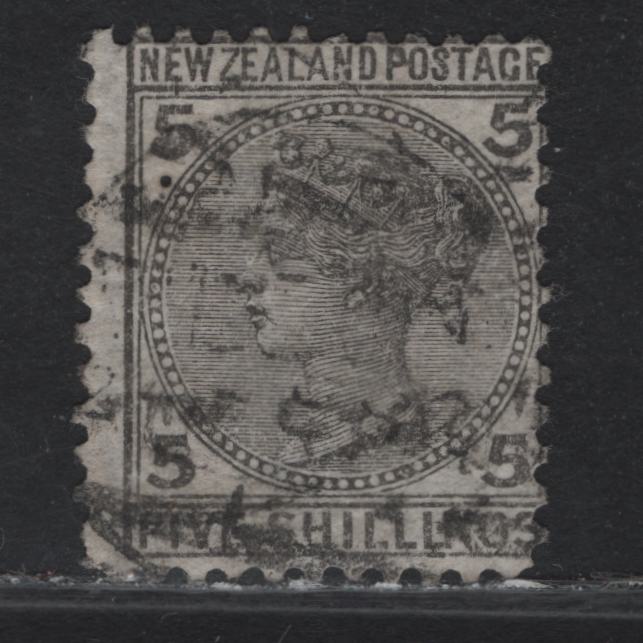 Lot 82 New Zealand (C) SG#186 5/- Gray Queen Victoria, 1878 Queen Victoria Sidefaces Issue, A Fine Used Single, Perf 12x11.5